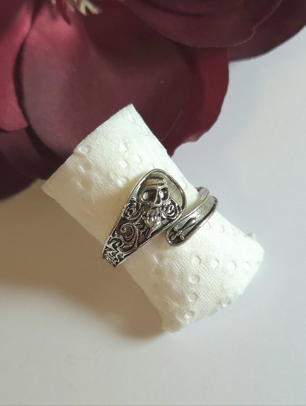 Silver Plated Ornate Skull & Cross Ring Size 7 Adjustable Unisex